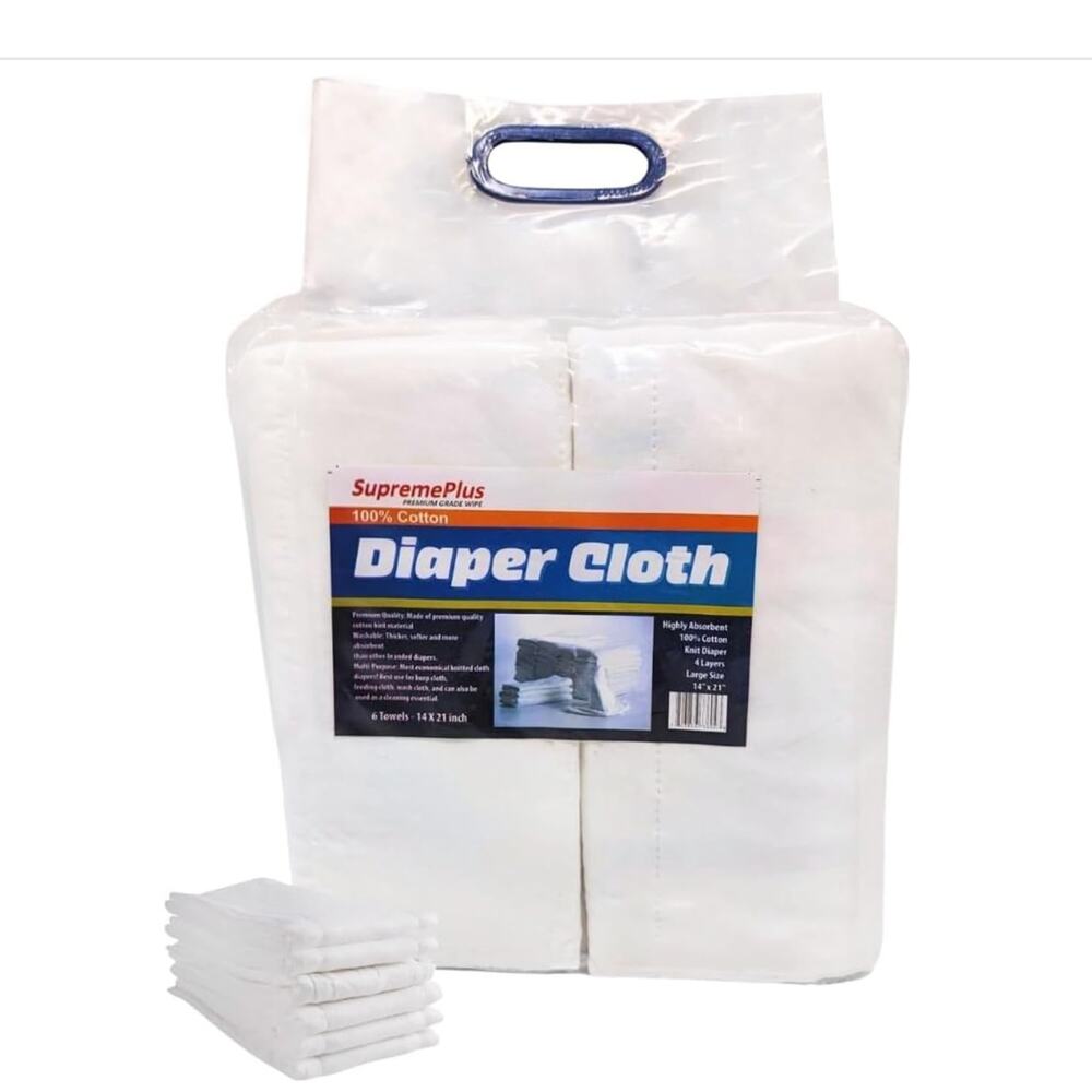 6 Pack Prefold Cloth Diapers 4 Ply, Super Absorbent, Washable, Burp Cloth- White